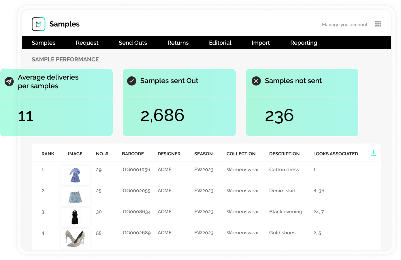 la fonction de gestion des échantillons du logiciel de marketing de la mode