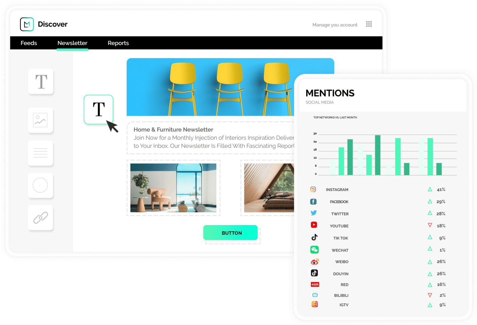 product screen showing media monitoring tool used to optimize furniture marketing strategy