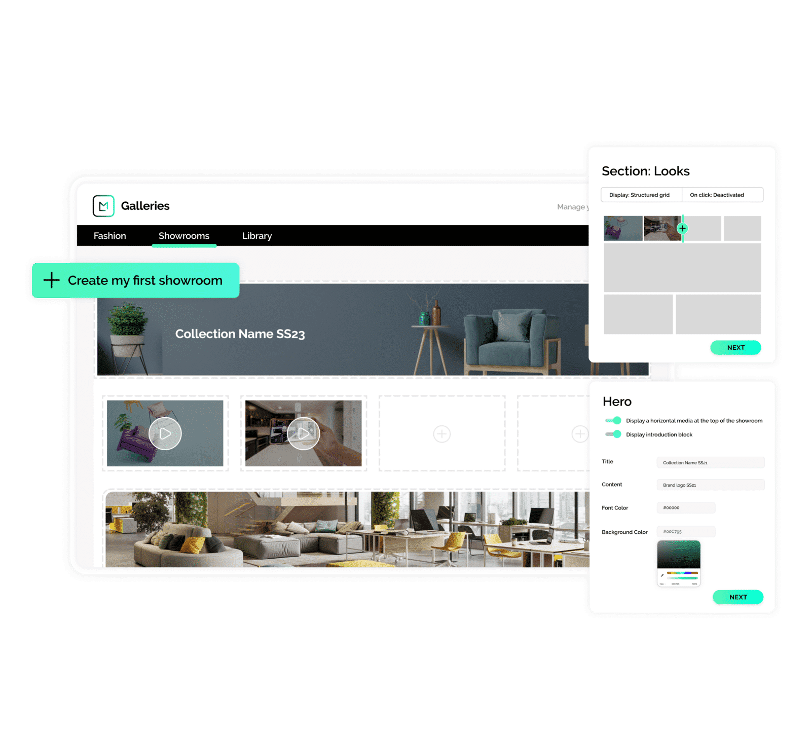 antalla de producto que muestra la función de sala de exposición digital del software de la marca de home decor que utilizarán los equipos de marketing