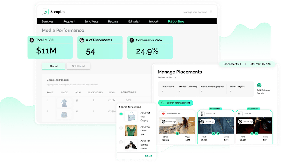product screen showing the conversion rate of each sample in the fashion sample tracking software