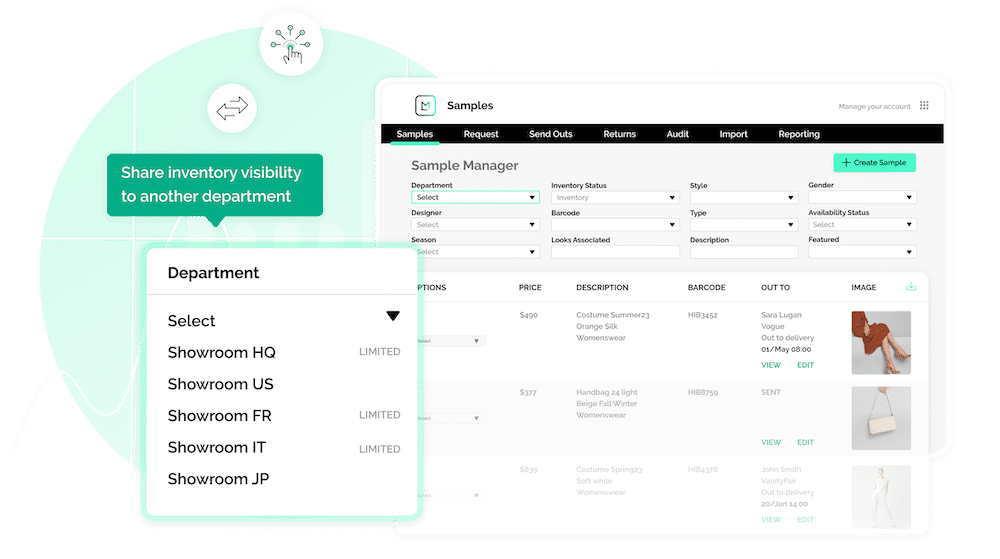 product screen showing the share inventory feature of the sample tracking software