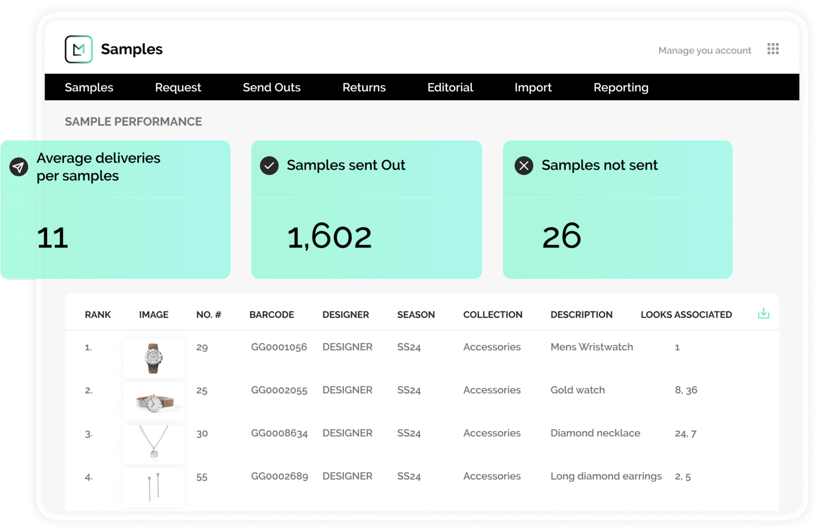 product screen showing sample management software to optimize luxury watch marketing strategy